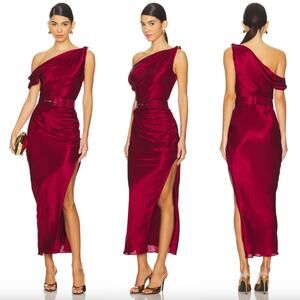 NICHOLAS | Halle Off The Shoulder Dress in Bordeaux Wine Silk Belted Midi 2